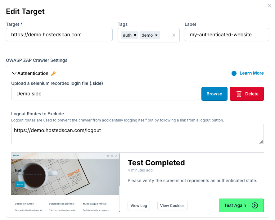 Configure target for authenticated scanning